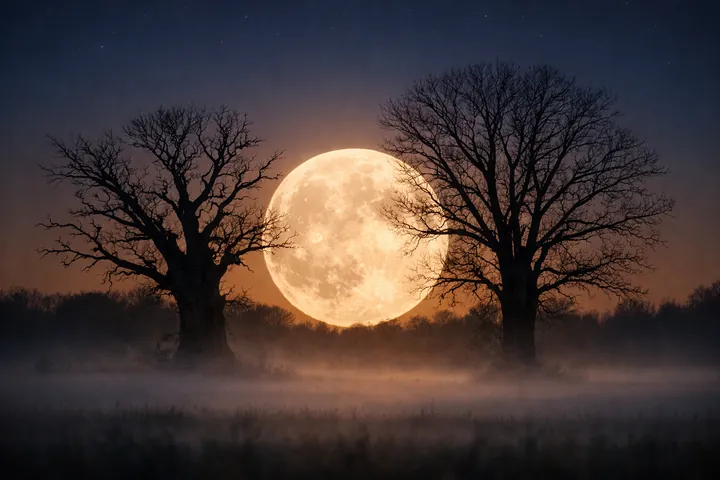 Pleine Lune se levant derrière deux arbres nus - archétype lunaire du Miroir