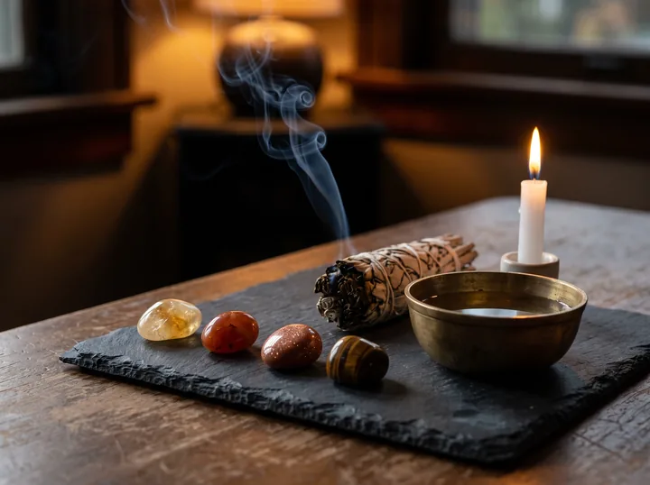 Four stones laid out with sage and a bowl of water for a season ritual - stones for fading light